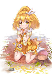 Rule 34 | 10s, 1girl, blonde hair, boots, choker, cure peace, dress, earrings, hair flaps, high heels, jewelry, kise yayoi, leaf, long hair, magical girl, maple leaf, ponbe, ponytail, precure, shoes, sitting, skirt, smile precure!, solo, tears, tiara, wariza, wrist cuffs, yellow dress, yellow eyes, yellow skirt, yellow theme