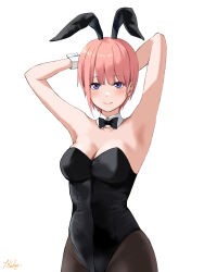 Rule 34 | 1girl, absurdres, animal ears, armpits, arms behind head, arms up, black bow, black bowtie, black leotard, black pantyhose, bow, bowtie, breasts, cleavage, closed mouth, commentary request, detached collar, go-toubun no hanayome, highres, leotard, looking at viewer, medium breasts, nakano ichika, pantyhose, pink hair, playboy bunny, purple eyes, rabbit ears, ricky (haye4843), short hair, signature, simple background, smile, solo, strapless, strapless leotard, white background, white wrist cuffs, wrist cuffs