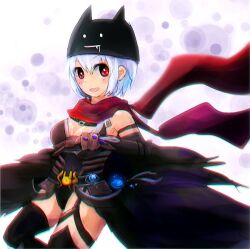 Rule 34 | 1girl, black cape, black gloves, black hat, black leotard, black thighhighs, blush, breasts, cape, cleavage, commentary request, deviruchi hat, elbow gloves, feet out of frame, gauntlets, gloves, guillotine cross (ragnarok online), hair between eyes, hat, leotard, looking at viewer, lug s, medium breasts, official alternate costume, open mouth, ragnarok online, red eyes, red scarf, scarf, short hair, smile, solo, thighhighs, waist cape, white hair