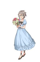 Rule 34 | 1girl, :d, ange (princess principal), asymmetrical hair, black bow, blue dress, blue eyes, bouquet, bow, braid, dress, flower, frilled dress, frills, full body, glasses, grey hair, high heels, highres, looking at viewer, official art, open mouth, princess principal, princess principal game of mission, puffy short sleeves, puffy sleeves, shoes, short hair, short sleeves, smile, solo, standing, transparent background, yellow-framed eyewear