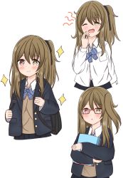 Rule 34 | 1girl, :o, arm at side, assault lily, backpack, bag, bespectacled, black bag, black jacket, black ribbon, black skirt, blazer, blue bow, blue bowtie, blush, bow, bowtie, breast pocket, bright pupils, brown hair, brown sweater, buttons, closed mouth, collared shirt, commentary, cropped legs, dress shirt, glasses, hair between eyes, hair ribbon, hand to own mouth, hand up, hands up, heterochromia, highres, holding, holding notebook, holding strap, jacket, kuo shenlin, long hair, long sleeves, looking at viewer, loose bowtie, messy hair, midriff peek, multiple views, navel, notebook, one eye closed, one side up, open mouth, parted lips, partially unbuttoned, pink eyes, pleated skirt, pocket, red-framed eyewear, ribbon, school uniform, serizawa pickel, shirt, sidelocks, simple background, skirt, sleepy, sparkle, striped bow, striped bowtie, striped clothes, sweater, tears, upper body, white background, white pupils, white shirt, yawning
