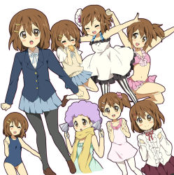 Rule 34 | 00s, 1girl, arms up, bad id, bad pixiv id, bikini, blazer, blush, bread, brown hair, don&#039;t say &quot;lazy&quot;, dress, eating, food, frills, fuwafuwa time, hair ornament, hairclip, hirasawa yui, jacket, k-on!, maruki (punchiki), md5 mismatch, multiple views, one-piece swimsuit, outstretched arms, pantyhose, scarf, school swimsuit, school uniform, short hair, side ponytail, smile, striped clothes, striped legwear, striped pantyhose, sweater vest, swimsuit, v, vertical-striped clothes, vertical-striped pantyhose