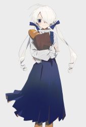 Rule 34 | 1girl, ahoge, bag, baguette, blue bow, blue eyes, blue skirt, blush stickers, bow, bread, closed mouth, commentary request, drill hair, feet out of frame, food, grey background, grocery bag, guu (guu8), hair bow, hair over one eye, highres, light smile, long hair, long skirt, long sleeves, looking at viewer, one eye covered, original, pleated skirt, shirt, shopping bag, simple background, skirt, sleeves past wrists, solo, twintails, white hair, white shirt