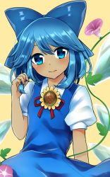Rule 34 | blue dress, blue eyes, blue hair, blush, cirno, dress, flower, hidden star in four seasons, holding, holding own hair, ice, ice wings, leaf, looking at viewer, mio1030, plant, solo, sunflower, tan, tanned cirno, touhou, vines, wings