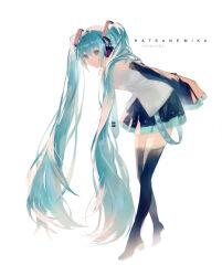 Rule 34 | 1girl, absurdly long hair, bent over, black footwear, black skirt, black sleeves, blue hair, blue necktie, blue skirt, boots, commentary, copyright name, detached sleeves, dress shirt, floating hair, full body, grey eyes, grey shirt, hair between eyes, hair over shoulder, hatsune miku, headphones, highres, long hair, long sleeves, miniskirt, necktie, pleated skirt, shirt, skirt, sleeveless, sleeveless shirt, sleeves past wrists, solo, standing, thigh boots, thighhighs, twintails, two-tone skirt, very long hair, vocaloid, white background, wnmuwnmu, zettai ryouiki