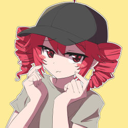 Rule 34 | 1girl, ahoge, baseball cap, blush stickers, closed mouth, commentary request, drill hair, finger to cheek, hands up, hat, highres, kasane teto, long hair, looking at viewer, outline, pout, red eyes, red hair, sabfish1229, shirt, simple background, solo, symbol-shaped pupils, t-shirt, twin drills, upper body, utau, white outline, yellow background