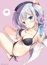 Rule 34 | 10s, 1girl, alternate costume, bare legs, bare shoulders, barefoot, bikini, blouse, blue bikini, blue eyes, blush, breasts, collarbone, colored eyelashes, food, from above, front-tie top, hair between eyes, halterneck, head tilt, heart, heart-shaped pupils, kantai collection, kashima (kancolle), large breasts, light smile, looking at viewer, navel, open clothes, open shirt, pink background, popsicle, shiny skin, shirt, side-tie bikini bottom, silver hair, simple background, solo, sousouman, stomach, swimsuit, symbol-shaped pupils, twintails, twitter username, white shirt