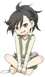 Rule 34 | 1girl, absurdres, asymmetrical hair, barefoot, black hair, brown eyes, dororo (character), dororo (tezuka), highres, indian style, long hair, male focus, open clothes, open mouth, open shirt, ponytail, simple background, sitting, solo, white background, yamamoto souichirou