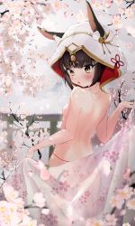Rule 34 | 1girl, absurdres, animal ear fluff, animal ears, azur lane, back, bare arms, bare shoulders, black hair, blush, breasts, falling petals, fox ears, from behind, highres, japanese clothes, kimono, looking at viewer, looking back, nagato (azur lane), nagato (great fox&#039;s white gown) (azur lane), outdoors, panties, petals, red panties, see-through, semisweet, shoulder blades, small breasts, solo, standing, string panties, torii, uchikake, underwear, undressing, yellow eyes