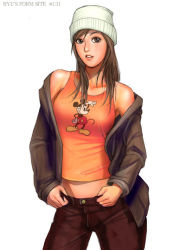 Rule 34 | 1girl, beanie, brown eyes, brown hair, disney, hat, long hair, mickey mouse, ryu (ryu&#039;s form site), solo, tank top, white hat