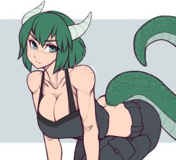 Rule 34 | 1girl, all fours, back, black pants, breasts, cargo pants, cleavage, collarbone, commission, crop top, dragon girl, green eyes, green hair, grey background, highres, horns, large breasts, looking at viewer, original, pants, roadi3, short hair, simple background, solo, tagme, tail, thick eyebrows