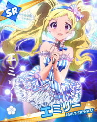 Rule 34 | 10s, 1girl, blonde hair, character name, character signature, dress, earrings, emily stewart, emily stuart, hairband, idolmaster, idolmaster million live!, jewelry, long hair, looking at viewer, microphone, necklace, official art, purple eyes, signature, skirt, smile, stage, twintails