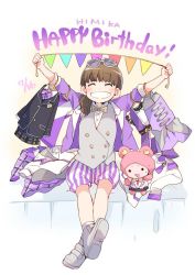 Rule 34 | 1girl, ^ ^, akaneya himika, arms up, black skirt, blazer, blush, boots, bow, bowtie, brown hair, character name, closed eyes, clothes, clothes hanger, costume, crossed ankles, dated, grey footwear, grey vest, grin, happy birthday, iris (band), jacket, kuma (pripara), long sleeves, o/, on bed, outstretched arms, pink neckwear, plaid, plaid jacket, plaid skirt, pretty series, pripara, purple jacket, purple neckwear, purple shorts, shorts, side ponytail, sitting, skirt, smile, solid circle eyes, string of flags, striped bow, striped bowtie, striped clothes, striped neckwear, striped shorts, taneda yuuta, vest, voice actor connection, white jacket, yellow neckwear