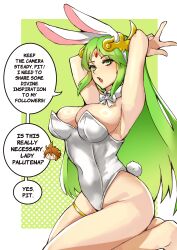 Rule 34 | 1340smile, 1boy, 1girl, absurdres, animal ears, armpits, breasts, commentary, detached collar, english commentary, english text, fake animal ears, fake tail, green eyes, green hair, highres, kid icarus, leotard, long hair, looking at viewer, nintendo, palutena, pit (kid icarus), playboy bunny, speech bubble, strapless, strapless leotard, tail, white leotard