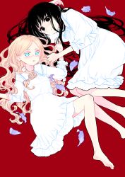 Rule 34 | 2girls, absurdres, bare legs, barefoot, black eyes, black hair, blonde hair, blue eyes, closed mouth, commentary request, curly hair, dress, earrings, flower, futari escape, highres, jewelry, kouhai (futari escape), long hair, long sleeves, multiple girls, parted lips, petals, purple flower, red background, senpai (futari escape), simple background, stud earrings, taguchi shouichi, white dress