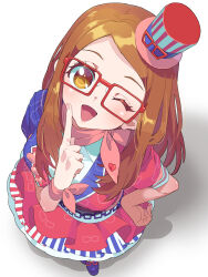 Rule 34 | 1girl, ;d, akai meganee, blush, brown eyes, brown hair, commentary request, dress, finger to cheek, from above, full body, glasses, hand on own hip, hand up, hat, highres, idol clothes, long hair, looking at viewer, mini hat, mini top hat, one eye closed, open mouth, pink scarf, pretty series, red-framed eyewear, red dress, red hat, scarf, smile, solo, standing, swept bangs, top hat, tsujii luki, waccha primagi!, white background