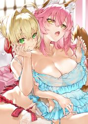 Rule 34 | 2girls, absurdres, ahoge, animal ear fluff, animal ears, babydoll, bad id, bad twitter id, bare shoulders, blonde hair, blush, braid, breasts, cleavage, closed mouth, collarbone, fang, fate/extra, fate/grand order, fate (series), fox ears, fox girl, french braid, green eyes, hair between eyes, hair intakes, highres, hug, hug from behind, kou mashiro, large breasts, long hair, looking at viewer, multiple girls, nero claudius (fate), nero claudius (fate) (all), nero claudius (fate/extra), nero claudius (swimsuit caster) (fate), open mouth, panties, pink hair, see-through, side-tie panties, tamamo (fate), tamamo no mae (fate/extra), tamamo no mae (swimsuit lancer) (fate), twintails, underwear, undressing another, untied panties, yellow eyes, yuri