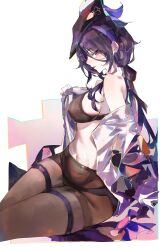 Rule 34 | 1girl, absurdres, bare shoulders, black bra, black hat, bra, breasts, clorinde (genshin impact), cocoballking, commentary request, genshin impact, hat, highres, large breasts, long hair, looking at viewer, navel, off shoulder, pantyhose, parted lips, purple eyes, purple hair, sitting, solo, stomach, thighs, tricorne, twisted torso, underwear, white background