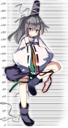 Rule 34 | 1girl, black footwear, black hat, black skirt, closed mouth, commentary request, full body, grey eyes, hands in opposite sleeves, hat, height, highres, japanese clothes, kariginu, looking at viewer, mononobe no futo, ribbon-trimmed sleeves, ribbon trim, safupara (crnsrd65), skirt, smile, solo, standing, standing on one leg, tate eboshi, touhou