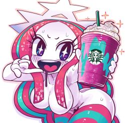 Rule 34 | 1girl, ass, blue hair, blush, breasts, censored, censored nipples, coffee cup, colored skin, convenient censoring, cream, crown, cup, disposable cup, drinking straw, drooling, finger to mouth, frappuccino, gashi-gashi, hair censor, hair over breasts, heart, heart in mouth, heart tongue, looking at viewer, medium breasts, multicolored clothes, multicolored hair, multicolored legwear, nude, open mouth, pink hair, pink skin, smile, solo, sparkle, sparkling eyes, sprinkles, starbucks, starbucks siren, stb-chan, striped clothes, striped legwear, striped thighhighs, sweat, thighhighs, white background