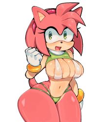 Rule 34 | 1girl, amy rose, areola slip, arm at side, bare shoulders, bikini, bracelet, breasts, clenched hand, colored skin, curvy, furry, furry female, gloves, green eyes, hairband, ichig8miruku, jewelry, large breasts, looking at viewer, navel, nipples, open mouth, pink skin, simple background, smile, solo, sonic (series), swimsuit, white background, white gloves, wide hips