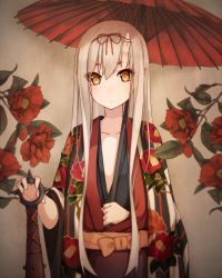 Rule 34 | 1girl, bow, closed mouth, club, club (weapon), dot mouth, dot nose, eyeshadow, flower, grey hair, highres, hiiragi hazime, holding, holding umbrella, horns, japanese clothes, kanabou, kimono, long hair, looking at viewer, makeup, oil-paper umbrella, original, pointy ears, red flower, red kimono, sash, single horn, standing, umbrella, weapon, yellow bow, yellow eyes, yellow sash