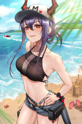 Rule 34 | 1girl, arknights, bare arms, bare shoulders, baseball cap, beach, belt, bikini, black bikini, blue hair, blue sky, blush, breasts, ch&#039;en (arknights), ch'en (arknights), cloud, commentary, cowboy shot, crab, day, dragon horns, dragon tail, expulse, female tourist c (arknights), grey shorts, hair between eyes, halterneck, hand on own hip, hat, heart, highres, horns, horns through headwear, long hair, looking at viewer, medium breasts, nail polish, navel, ocean, official alternate costume, outdoors, parted lips, pink lips, pink nails, pouch, red eyes, sand castle, sand sculpture, short shorts, shorts, sidelocks, sky, smile, solo, standing, stomach, swimsuit, tail, thighs, watch, water, wristwatch