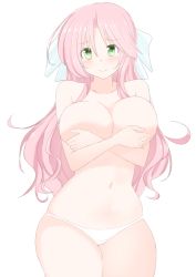 Rule 34 | 1girl, bare shoulders, blush, breast hold, breasts, cleavage, closed mouth, collarbone, crossed arms, green eyes, hair ribbon, hifumiyo, large breasts, legs together, long hair, looking at viewer, navel, nude, original, panties, pink hair, ribbon, simple background, solo, standing, thighs, underwear, very long hair, white background, white panties, white ribbon