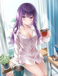 Rule 34 | 1girl, breast pocket, breasts, button gap, cleavage, coffee, coffee mug, collarbone, collared shirt, cup, curtains, day, dress shirt, higeneko, highres, holding, indoors, large breasts, long hair, long sleeves, looking at viewer, mug, naked shirt, navel, original, plant, pocket, potted plant, purple eyes, purple hair, shirt, sitting, smile, solo, sunlight, thighs, white shirt, window