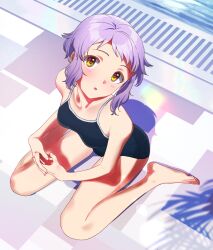 Rule 34 | 1girl, bare legs, barefoot, blue one-piece swimsuit, breasts, commentary, day, from above, highres, idolmaster, idolmaster million live!, interlocked fingers, light blush, looking at viewer, makabe mizuki, omitsu, on floor, one-piece swimsuit, outdoors, parted lips, poolside, purple hair, school swimsuit, shadow, short hair, sidelocks, sitting, small breasts, solo, swimsuit, wariza, water, wavy hair, yellow eyes