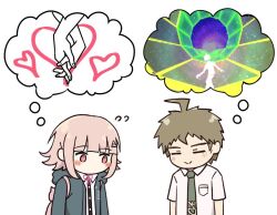 1boy 1girl :&gt; ahoge backpack bag black_shirt blush breast_pocket brown_hair collared_shirt danganronpa_(series) danganronpa_2:_goodbye_despair dress_shirt flying_sweatdrops green_necktie hetero hinata_hajime holding_hands hood hood_down hooded_jacket jacket kmnm_1403 meme nanami_chiaki necktie pink_bag pink_eyes pocket shirt short_hair simple_background skating smile thought_bubble triangle_hair_ornament upper_body white_shirt