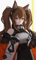 Rule 34 | 1girl, absurdres, angelina (arknights), angelina (endfield) (arknights), animal ear fluff, animal ears, arknights, arknights: endfield, armor, bare shoulders, black dress, breastplate, brown eyes, brown hair, closed mouth, commentary request, dress, hair between eyes, highres, long hair, looking at viewer, sidelocks, sleeveless, sleeveless dress, solo, suzutaro, twintails