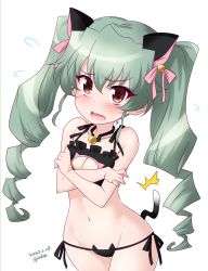 Rule 34 | 1girl, anchovy (girls und panzer), animal ears, artist name, black bra, black panties, blush, bra, breasts, brown eyes, cat ears, cat lingerie, cat tail, cleavage, collarbone, curvy, dated, drill hair, fake animal ears, fake tail, girls und panzer, green hair, highres, jewelry, kuzuryuu kennosuke, long hair, looking at viewer, meme attire, micro panties, navel, necklace, open mouth, panties, simple background, small breasts, solo, tail, thong, twintails, underwear, white background, wide hips