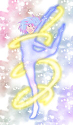 Rule 34 | 1boy, androgynous, aqua hair, arms up, asahi, bare legs, bare shoulders, barefoot, blue eyes, crossdressing, flexible, full body, glowing, gradient hair, grin, gymnastics, gymnastics ribbon, happy, holding, holding ribbon, leg up, light blush, lilith-soft, long hair, multicolored hair, neon lights, nozomi aino, ponytail, ribbon, shiny skin, side ponytail, simple background, skirt, smile, standing, standing on one leg, taimanin (series), taimanin rpgx, trap, two-tone hair, wide hips