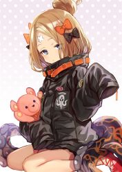 Rule 34 | 1girl, abigail williams (fate), abigail williams (traveling outfit) (fate), alternate hairstyle, bandaid, bandaid on face, bandaid on forehead, belt, black bow, black jacket, blonde hair, blue eyes, bow, fate/grand order, fate (series), forehead, hair bow, hair bun, high collar, holding, holding stuffed toy, jacket, long hair, looking at viewer, official alternate costume, orange bow, parted bangs, polka dot, polka dot background, polka dot bow, single hair bun, sitting, sleeves past fingers, sleeves past wrists, solo, stuffed animal, stuffed toy, teddy bear, tentacles, thighs, wariza, yuzuki karu