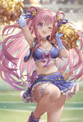 Rule 34 | 1girl, 77gl, ;d, arm up, armpits, bare shoulders, bikini, blush, breasts, bridal garter, cheerleader, cleavage, crop top, frills, gold trim, hair ornament, hair rings, hatsune (princess connect!), hatsune (summer) (princess connect!), holding, holding pom poms, knee up, large breasts, long hair, looking at viewer, midriff, miniskirt, navel, one eye closed, open mouth, pink hair, pleated skirt, pointy ears, pom pom (cheerleading), pom poms, princess connect!, purple bikini, purple eyes, purple skirt, revealing clothes, skirt, smile, star (symbol), star hair ornament, stomach, swimsuit, thighs, two side up