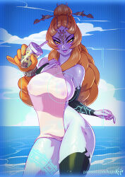 1girl artist_name blue_sky breasts bubble_tea cloud colored_skin commentary english_commentary front_ponytail kajin_(kajinman) long_hair midna midna_(true) naked_towel nintendo ocean orange_hair sky smile solo swimsuit the_legend_of_zelda the_legend_of_zelda:_twilight_princess towel