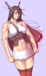 Rule 34 | 10s, 1girl, abs, bare shoulders, breasts, brown hair, highres, kantai collection, large breasts, long hair, midriff, miniskirt, muscular, muscular female, nagato (kancolle), personification, red eyes, skirt, solo, takasugi kou, thighhighs, zettai ryouiki