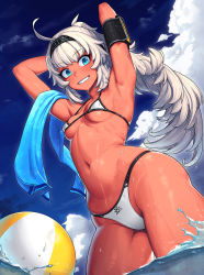 Rule 34 | 1girl, :d, ahoge, armpits, arms behind head, arms up, ball, beachball, bikini, black hairband, blue eyes, blue sky, breasts, cain (gunnermul), cloud, collarbone, commentary request, cowboy shot, dark-skinned female, dark skin, day, from below, grin, hairband, highres, korean commentary, long hair, looking at viewer, looking down, navel, open mouth, original, outdoors, ponytail, sidelocks, silver hair, skindentation, sky, small breasts, smile, solo, standing, stomach, swimsuit, teeth, thighs, towel, underboob, very long hair, wading, water, white bikini
