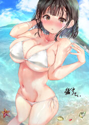 Rule 34 | 1girl, absurdres, arm up, beach, bikini, blunt bangs, blush, breasts, brown eyes, brown hair, cleavage, cloud, commentary request, day, dot nose, feet out of frame, fingernails, fisheye, from above, groin, hand up, hands in hair, highres, large breasts, looking at viewer, medium hair, mountainous horizon, navel, nose blush, ogata tei, original, outdoors, parted lips, seashell, shell, sky, solo, swimsuit, water, white bikini