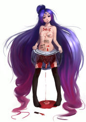 Rule 34 | 1girl, bad id, bad pixiv id, big hair, blood, blue hair, body writing, breasts, clothes lift, english text, ero guro, gradient hair, guro, highres, knife, multicolored hair, nipples, original, pink hair, simple background, skirt, skirt lift, small breasts, solo, thighhighs, topless, transparent background, vinci, vinci (artist), white background