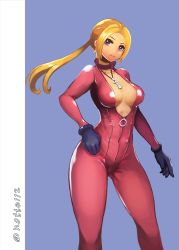 Rule 34 | 1girl, alternate costume, bad id, bad pixiv id, black gloves, blonde hair, blue eyes, bodysuit, breasts, catsuit, choker, cleavage, cowboy shot, death by degrees, frown, gloves, hand on own hip, high collar, jewelry, long hair, namco, necklace, nina williams, no bra, notte, pendant, pink catsuit, ponytail, solo, tekken, tekken 2, tekken 3, tekken 4, tekken 5, tekken 5 (dark resurrection), tekken blood vengeance, tekken tag tournament, tekken tag tournament 2