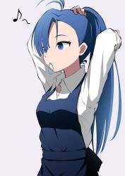 Rule 34 | 1girl, ado (utaite), ahoge, apron, blue apron, blue hair, breasts, cloud nine inc, collared shirt, commentary request, dress shirt, hair over one eye, hair tie in mouth, highres, lone nape hair, long hair, long sleeves, medium breasts, merry (ado), mouth hold, musical note, nori (norinori yrl), ponytail, readymade (ado), shirt, simple background, solo, spoken musical note, tying hair, white background, white shirt