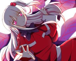 Rule 34 | 1girl, black neckwear, blush, bow, capelet, dress, hair bobbles, hair ornament, index finger raised, long hair, long sleeves, multiple wings, one side up, red dress, red eyes, ribbon, shade, shinki (touhou), silver hair, simple background, smile, solo, touhou, touhou (pc-98), wide sleeves, wings, zerokosan