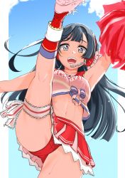 Rule 34 | 1girl, black hair, blue sky, buruma, cheerleader, highres, love live!, love live! nijigasaki high school idol club, pom pom (cheerleading), red buruma, red skirt, skirt, sky, takaramonozu, thigh strap, yuki setsuna (love live!)
