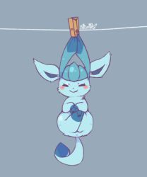 Rule 34 | blue background, blue theme, blush, closed mouth, clothes pin, clothesline, creatures (company), full body, game freak, gen 4 pokemon, glaceon, hanging, legs up, looking at viewer, lovewolf5122, nintendo, no humans, pokemon, pokemon (creature), simple background, smile, solo