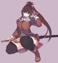 Rule 34 | 1girl, black thighhighs, blush, boots, bow, brown eyes, brown footwear, brown hair, brown shirt, brown skirt, closed mouth, full body, grey background, hair bow, hand up, highres, holding, holding sword, holding weapon, katana, long sleeves, looking at viewer, mil (xration), miniskirt, mitsurugi ryouko, pleated skirt, ponytail, real bout high school, sailor collar, school uniform, serafuku, shirt, simple background, skirt, smile, solo, sword, thighhighs, weapon, white sailor collar, yellow bow