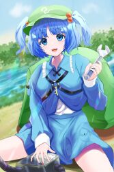 Rule 34 | 1girl, :d, backpack, bag, blue eyes, blue hair, blue skirt, blue vest, blunt bangs, breasts, cloud, commentary request, day, hair bobbles, hair ornament, hand up, highres, holding, holding wrench, kawashiro nitori, light blush, long sleeves, looking at viewer, nyarocks, open mouth, outdoors, parted bangs, short hair, skirt, skirt set, small breasts, smile, solo, teeth, touhou, two side up, upper teeth only, vest, water, wrench