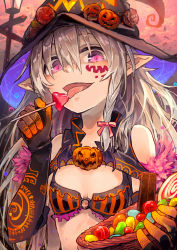 Rule 34 | 10s, 1girl, adapted costume, bow, braid, candy, chocolate, cleavage cutout, clothing cutout, facepaint, flat chest, food, gloves, hair bow, halloween, hat, hoshi syoko, idolmaster, idolmaster cinderella girls, idolmaster cinderella girls starlight stage, jack-o&#039;-lantern, lamppost, licking, lollipop, long hair, madaragi, pointy ears, pumpkin, purple eyes, silver hair, single braid, solo, sweets, witch hat