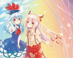 Rule 34 | 2girls, blue dress, blue hair, bow, dress, floating hair, fujiwara no mokou, gradient background, haikichi, hair bow, hair ribbon, hat, kamishirasawa keine, long hair, multiple girls, pink hair, rainbow background, red eyes, ribbon, star (symbol), suspenders, touhou, tress ribbon, white hair